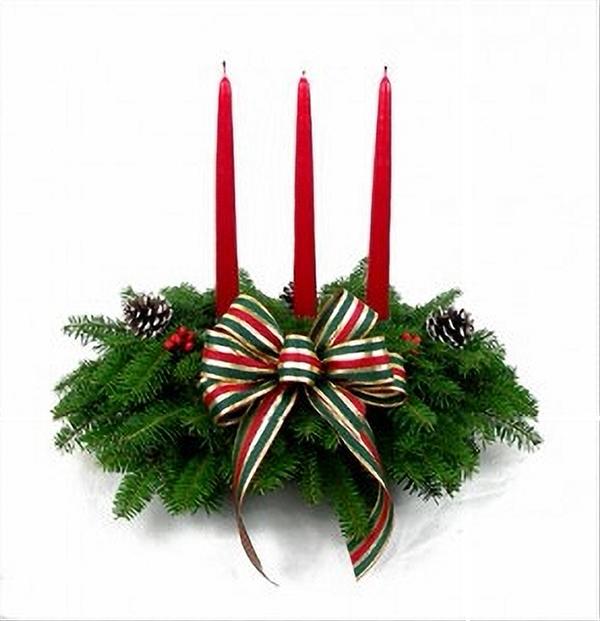 Striped Centerpiece featuring fresh Balsam greenery with red and white striped ornaments, frosted pinecones, and a red candle, perfect for adding festive charm to holiday decor or for corporate gift-giving