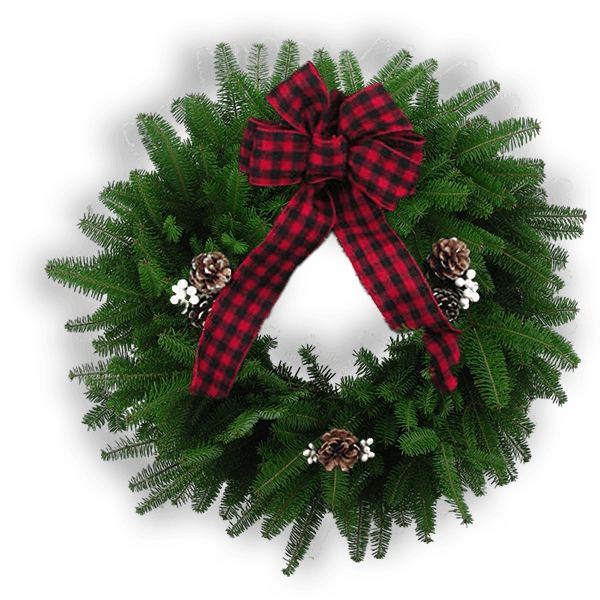 Sportsman Wreath with fresh Balsam green boughs, red and black checked hunting-patterned bow, pinecones, and white winterberries.