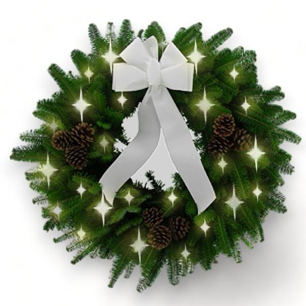 White Lights - holiday wreaths for front door, a holiday door decoration - white lights, and a white bow.