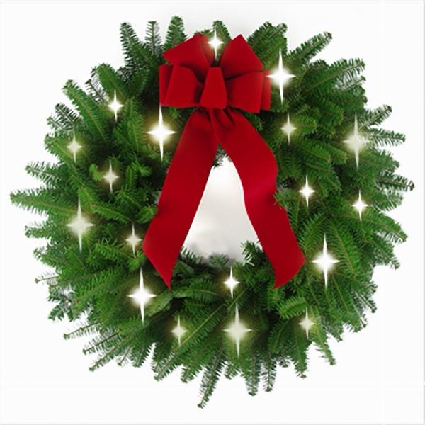 Classic Lights Wreath with fresh Balsam greenery, twinkling lights, pinecones, and a red bow