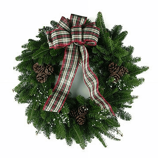 Country Country fresh wreaths near me with fresh Balsam greenery, pinecones, baby's breath, and a plaid tartan bow