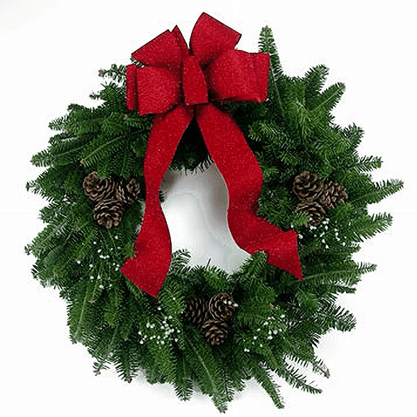 Red Fleck Wreath with fresh Balsam and delicate red flecks, perfect for holiday decor on doors, windows, and mantels