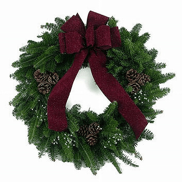 Burgundy Flex Wreath Custom Door Wreaths with fresh Balsam greenery, burgundy bow with gold flecks, and triple pinecones.