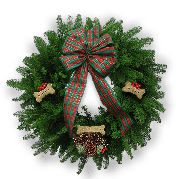 Perfect gift for dog lovers plaid bow, holly berries, pine cones