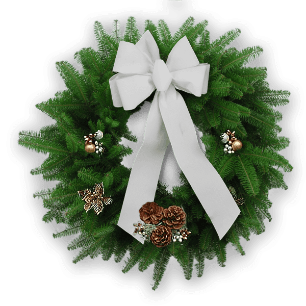 Evergreen Wreath - Elegance Wreath with White Bow, Gold Holly, and Pearl Accents