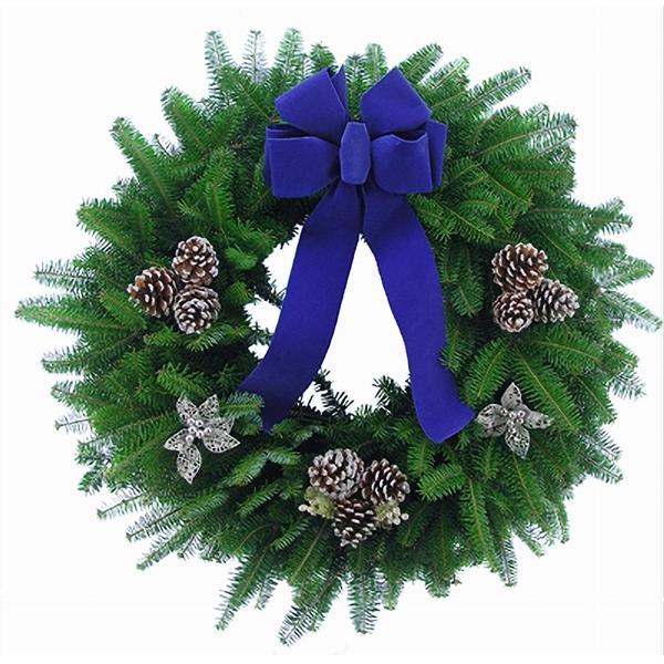 Winter Themed Wreaths - Holiday Wreath with White Pinecones, Blue Bow, and Silver Holly