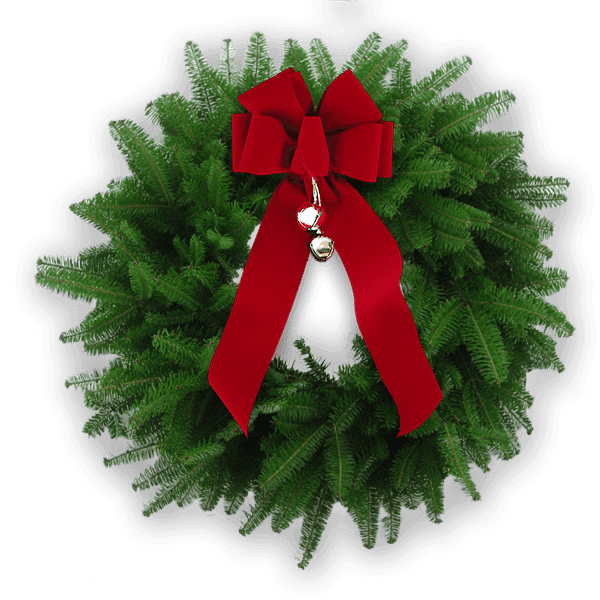 Holiday Cheer Wreath with fresh Balsam greenery, and a red bow with silver bells.