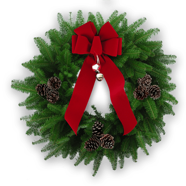 Sleigh Bells Wreath with fresh Balsam greenery, red bow, silver bells, and triple pinecones.