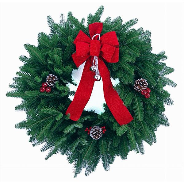 Season's Greetings Wreath with fresh Balsam greenery, glitter pinecones, red bow with silver bells, crabapples, and red holly berries.