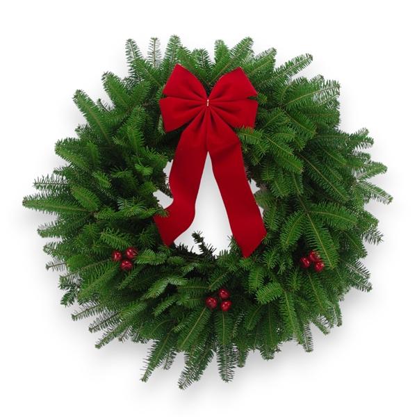 Colonial Crab Apple Wreath with fresh Balsam greenery, crabapples, and a four-loop red bow.