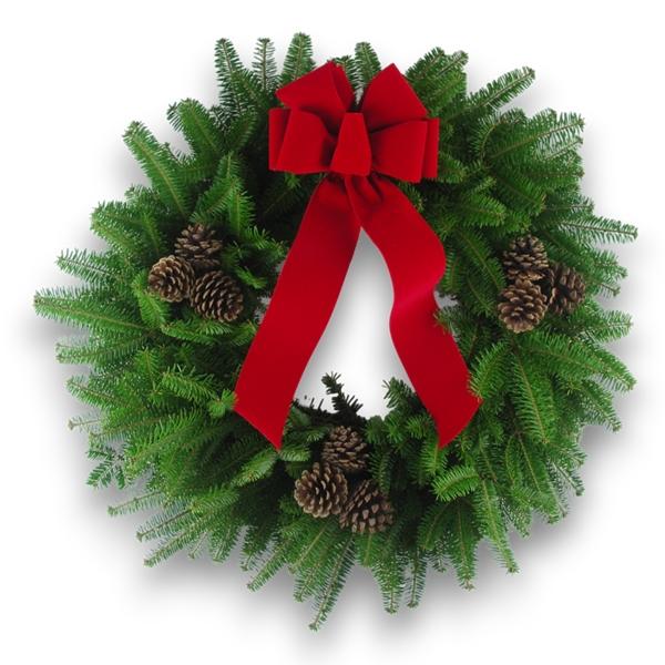 Country Charm Wreath with fresh Balsam greenery, 6-loop red bow, and triple pinecones.