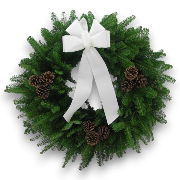 White Wreath with fresh Balsam greenery and a 6-loop white bow.