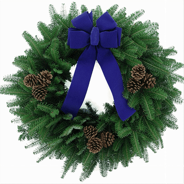 Blue Wreath with fresh Balsam greenery and a 6-loop blue bow.