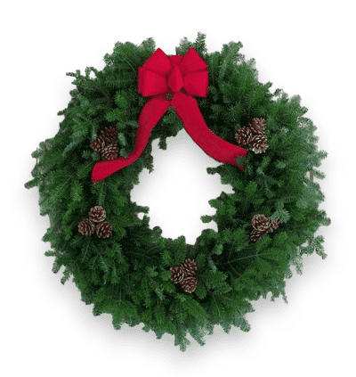 30in Evergreen Walk Wreath with Lush Green boughs and Red Bows for Front Door Decoration