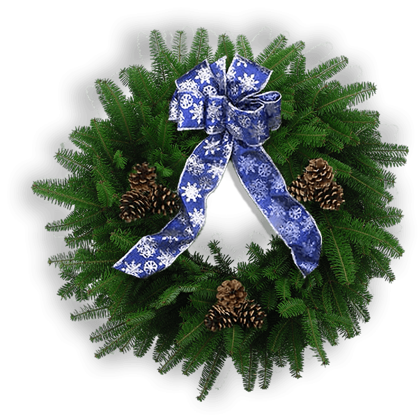 Purely Snow Wreath with fresh Balsam greenery, light blue snowflake-patterned bow, and triple pinecones.