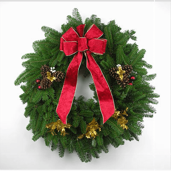 Buckley Lane Wreath with fresh Balsam greenery, red crushed velvet bow, gold holly, white winterberries, triple pinecones, and matte burgundy glass balls.