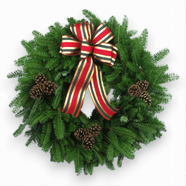 English Manor Wreath with fresh Balsam green boughs, forest green, red, and gold striped bow, and triple pinecones.