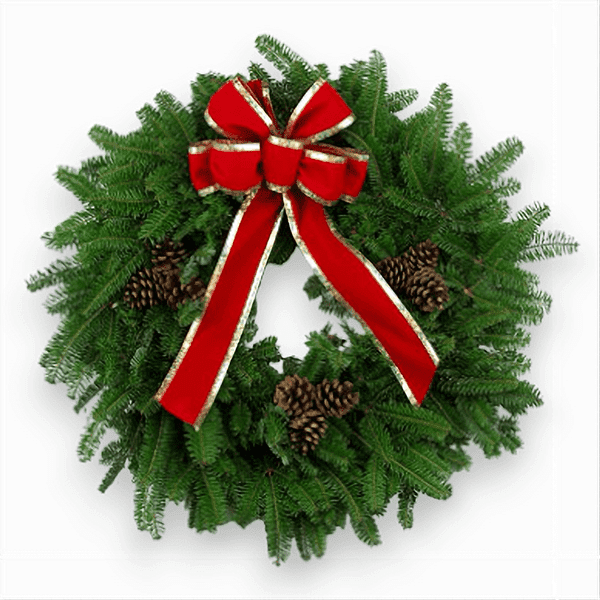 Windsor Castle Wreath with fresh Balsam boughs, red bow with gold pressed edge, and triple pinecones.