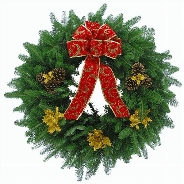 Polar Express Wreath featuring fresh Balsam greenery with silver ornaments, frosted pinecones, and a blue ribbon, perfect for adding a wintery, whimsical charm to holiday decor on doors, windows, and mantels