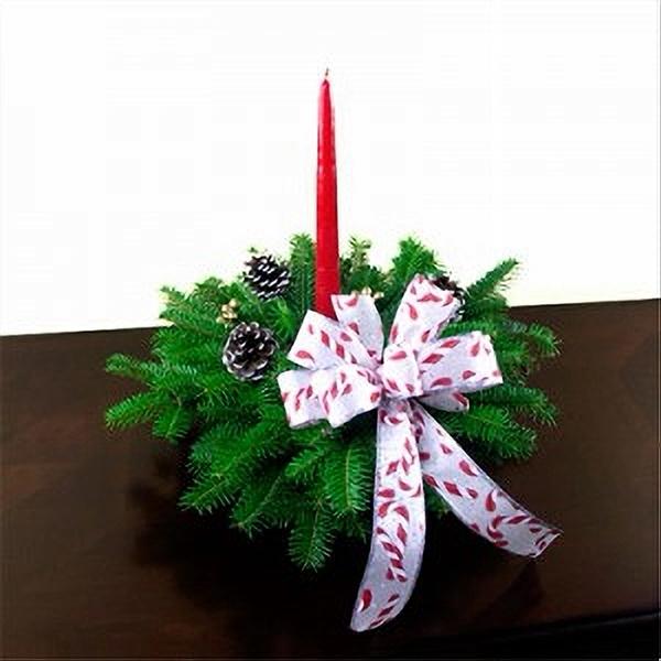 Candy Cane Centerpiece featuring fresh Balsam greenery with candy cane-striped ribbons, red and white ornaments, frosted pinecones, and a red candle, perfect for festive holiday decor or corporate gift-giving.